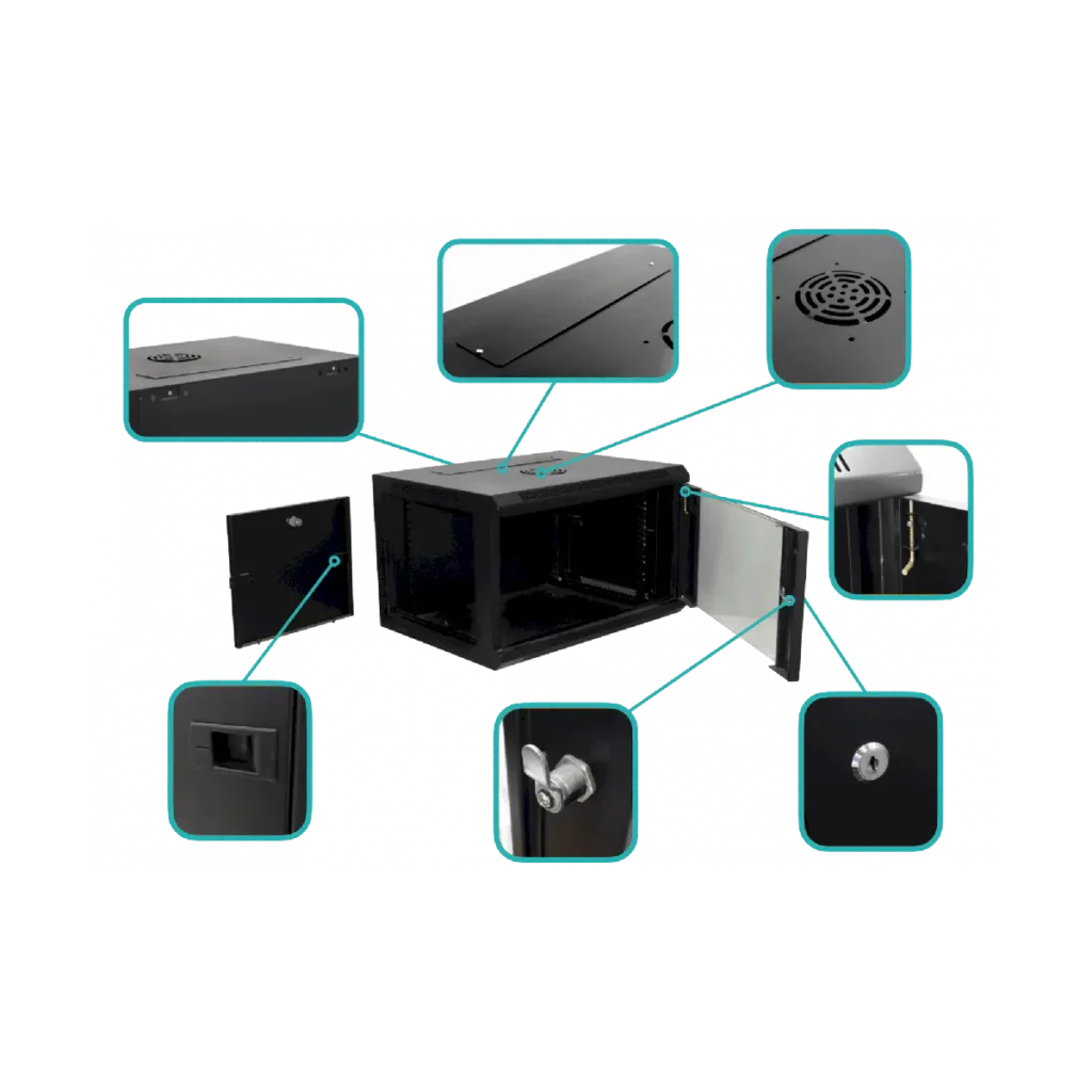 Gabinete Rack de Pared Linkmade 19" 45cm de fondo Negro partes y detalles