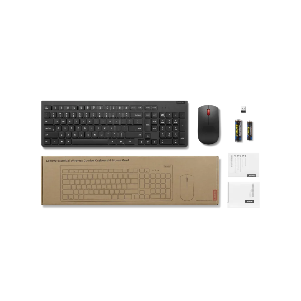 Teclado y Mouse inalámbricos Lenovo Essential combo Gen2, negro, español latino, 171 (sin pilas). Lo que incluye