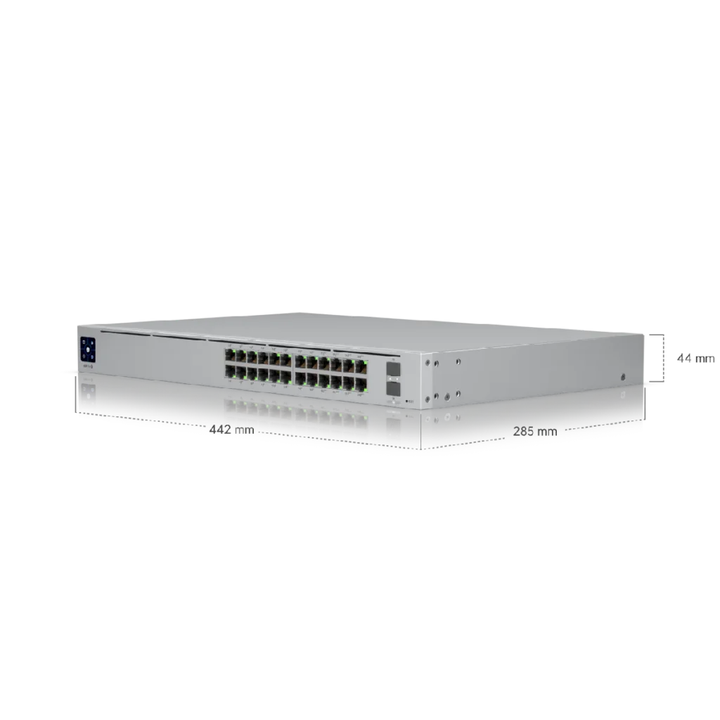 Switch Ubiquiti Pro 24 PoE 400W 24p 2SFP+ 10G capa 3 Rack, medidas.