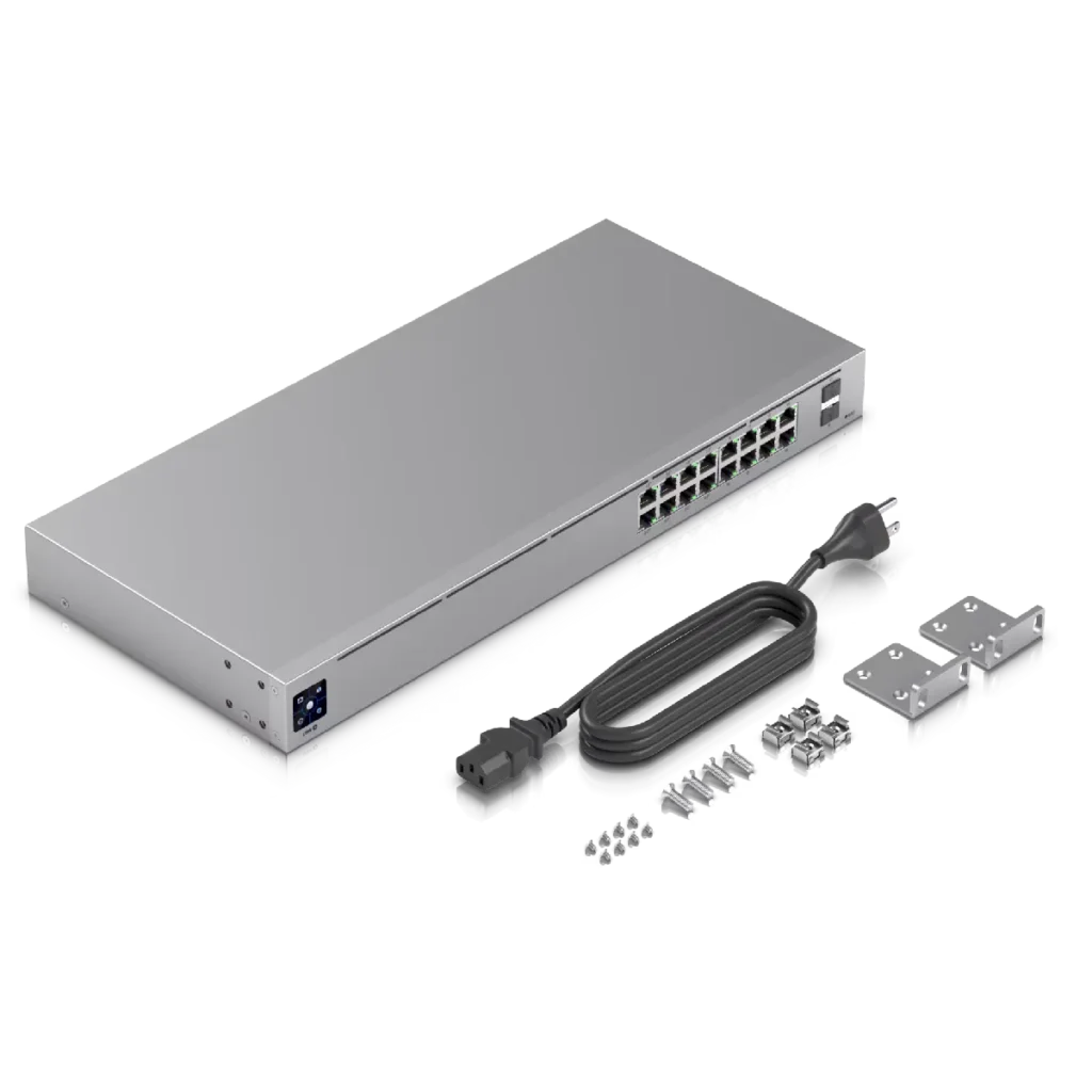 Switch Ubiquiti Standard 16 PoE. accesorios incluidos.