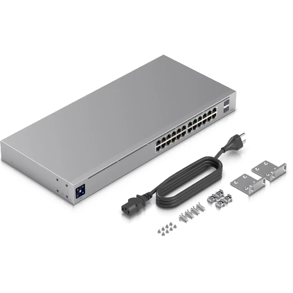 Switch Ubiquiti Standard 24 GbE 2 SFP RS232 req UniFi Admin, accesorios incluidos.