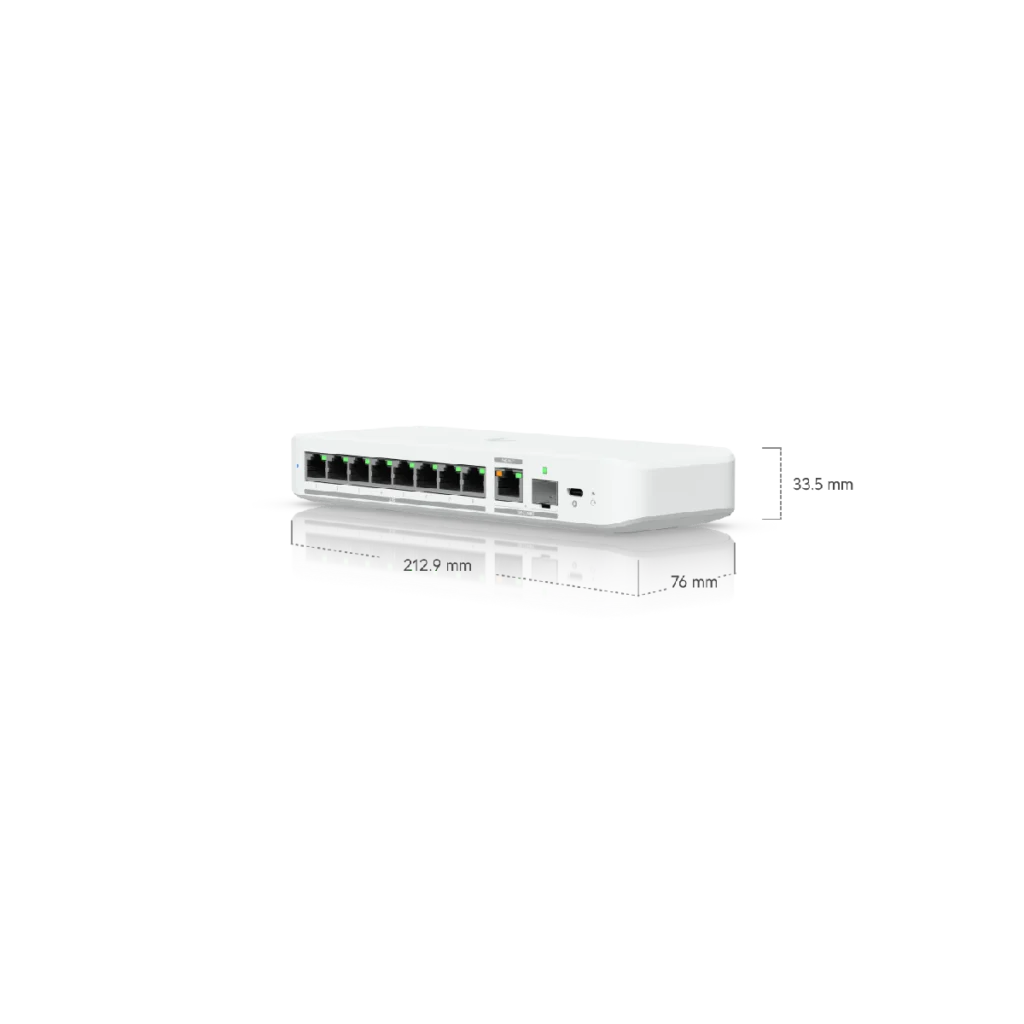Switch Ubiquiti Flex 2.5G 9 puertos 1-SFP+ L2 dimensiones