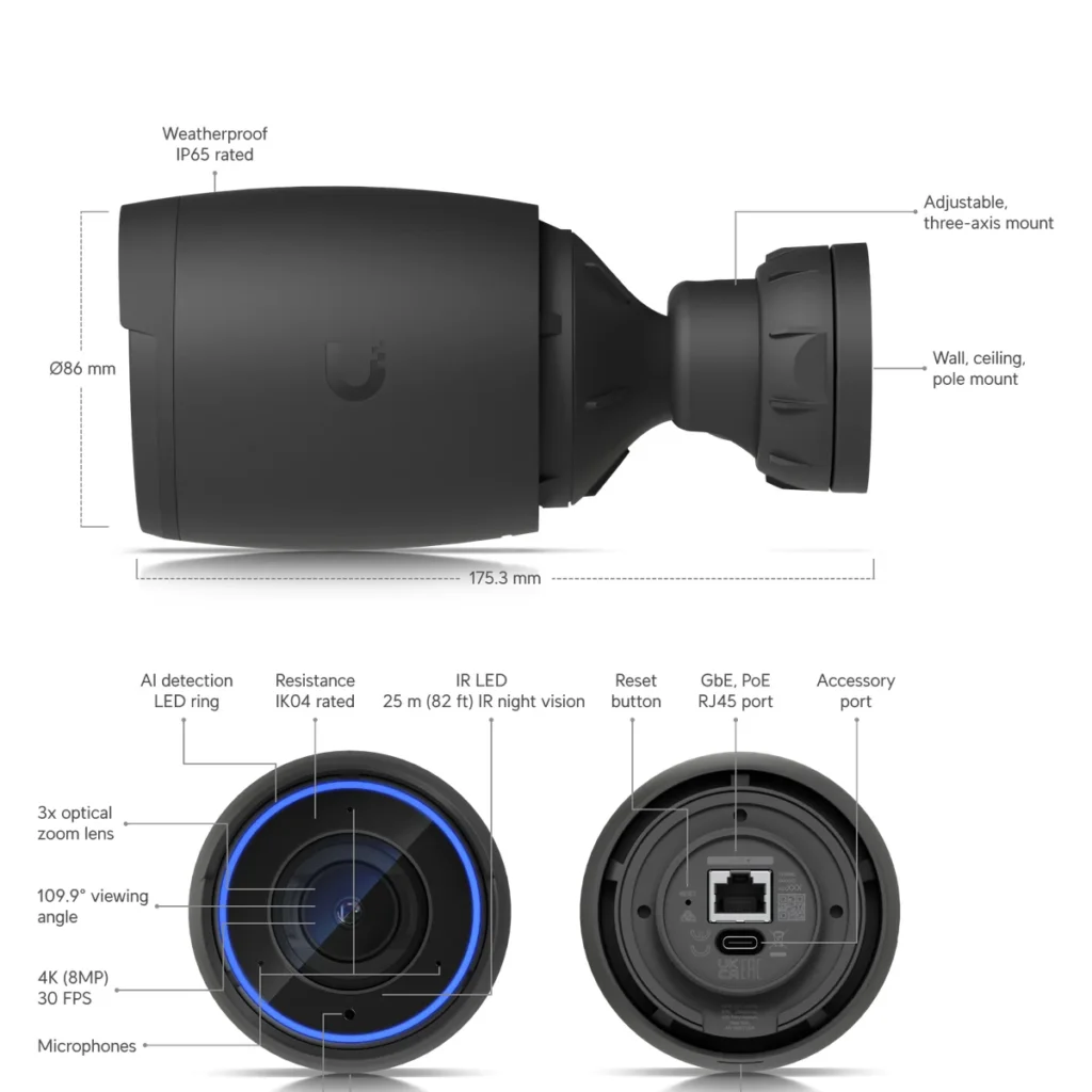 Camara Ubiquiti AI Pro Bala 4K 109deg IR 25m IP65 IK04 22W, datasheet