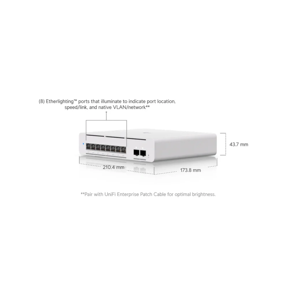 Switch Ubiquiti Pro XG 8 PoE, puertos y conectores, dimensiones