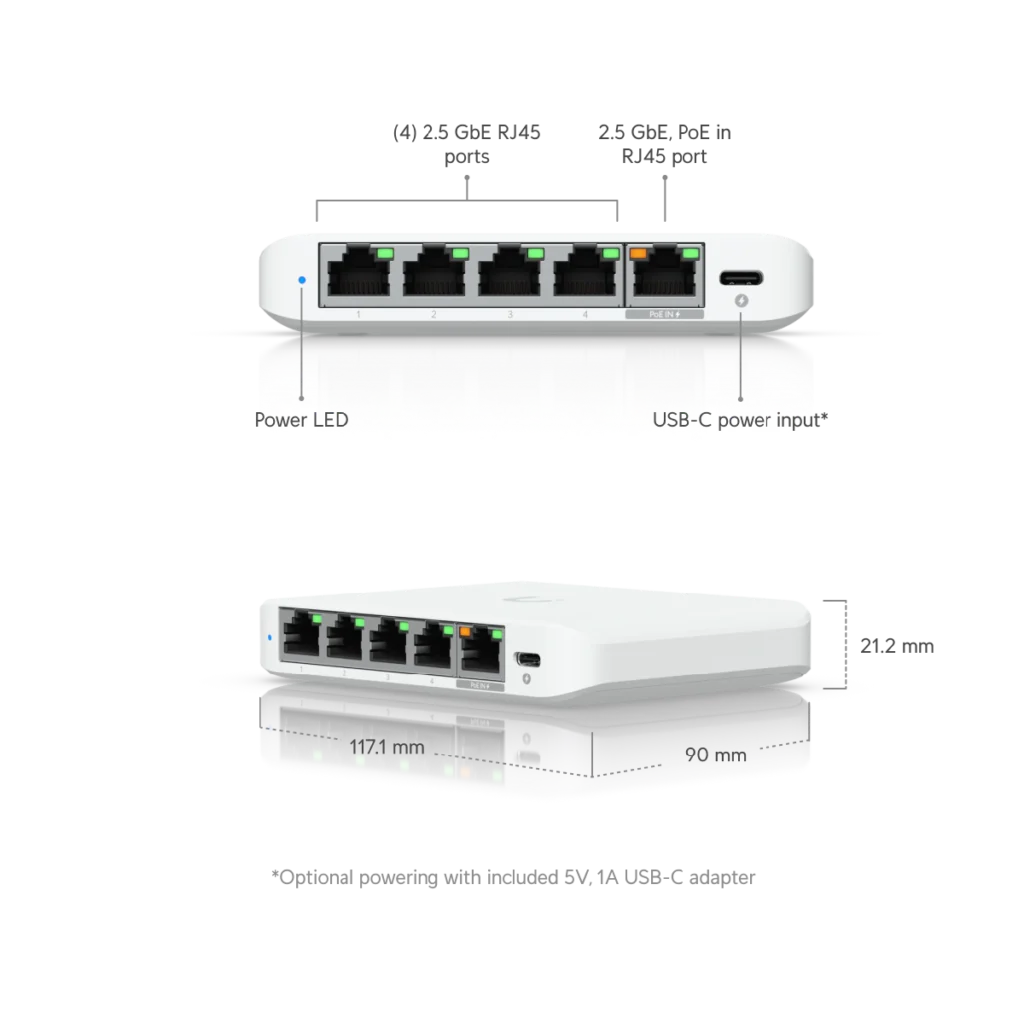 Switch Ubiquiti Flex Mini 2.5G 5 puertos L2, datasheet
